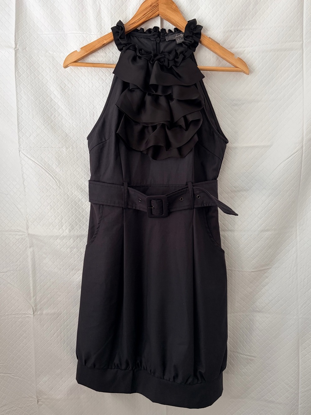 Ruffled Halter Belted Mini Dress - Black